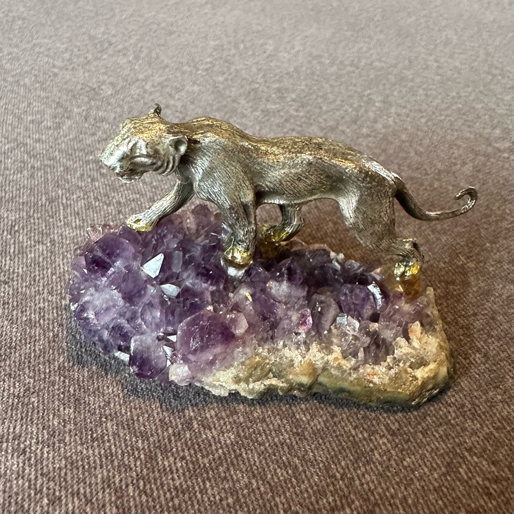 Silver Panther on Natural Amethyst Crystal Cluster Sculpture 3 1/2” long